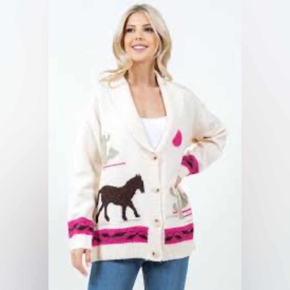 Cream and Pink Women's Sweater with Horse Design